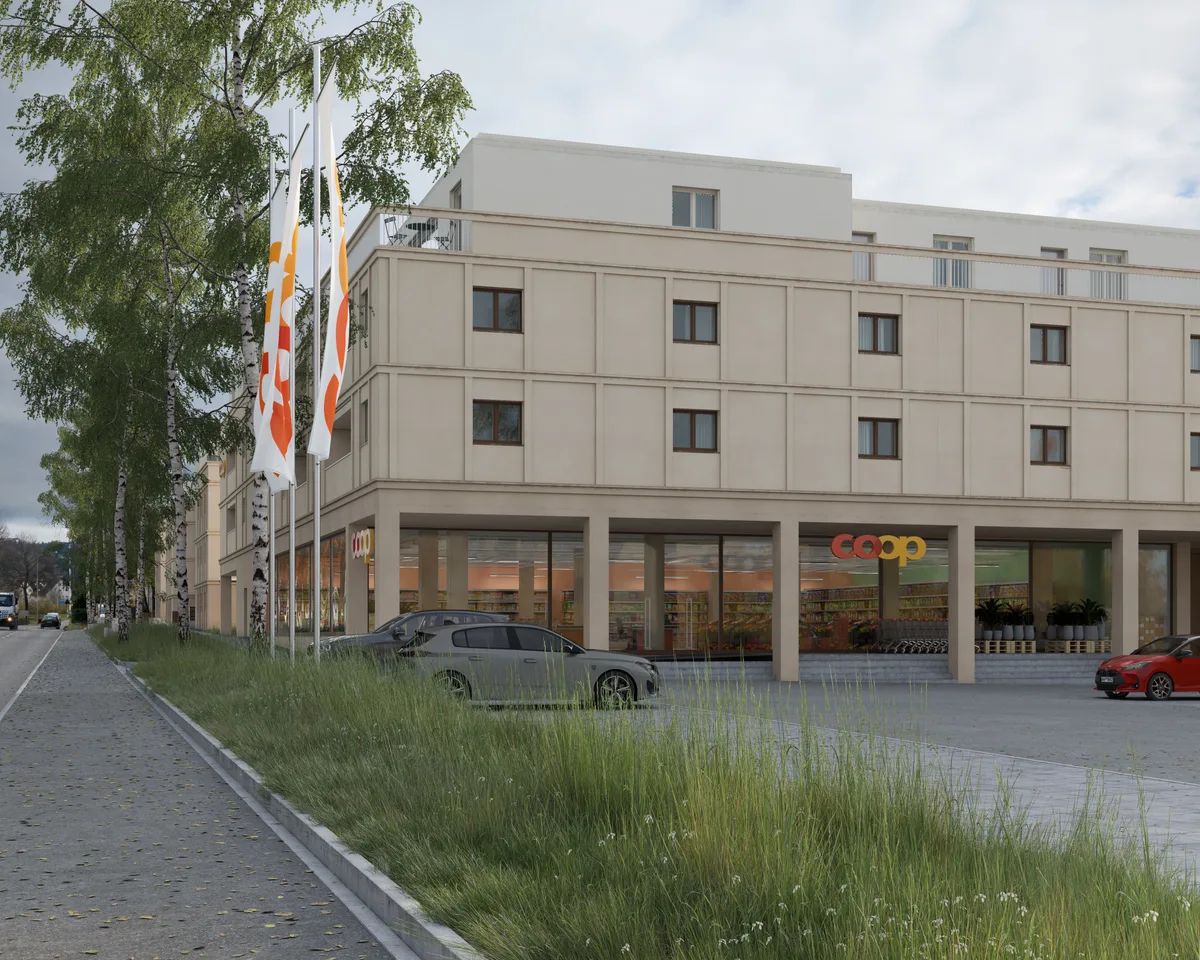 Die Visualisierung zeigt eine Überbauung mit einem Parkplatz. Am Rand wehen Coop-Flaggen.