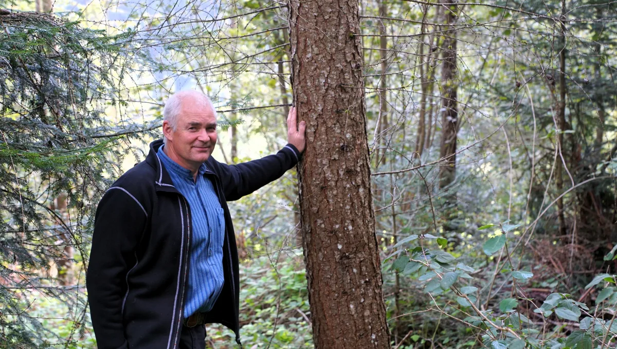 Man sieht einen Mann im Wald neben einem Baum.
