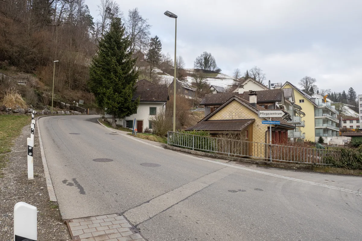 Es steht direkt in der Kurve und sorgt für schlechte Sichtverhältnisse. Man sieht eine Strasse, am rechten Rand stehen Häuser.