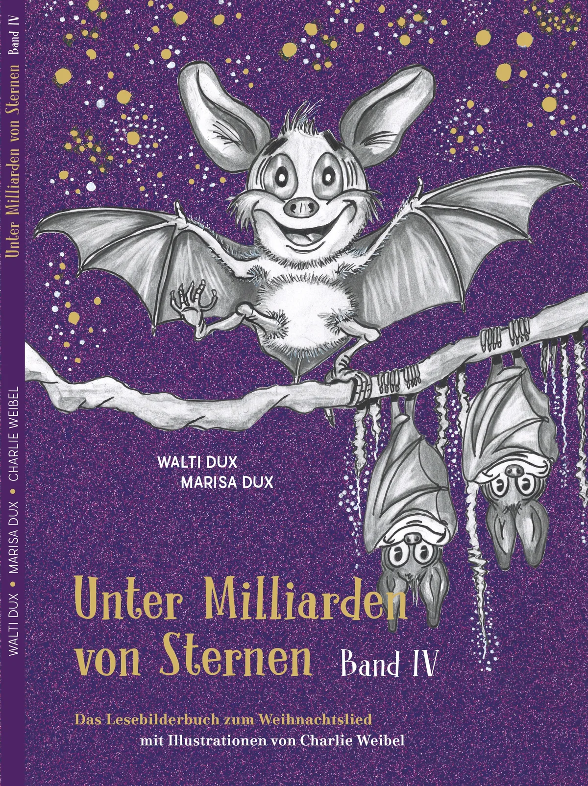 Das Cover vom vierten Band "Unter Milliarden von Sternen" ist violett und zeigt drei Fledermäuse.