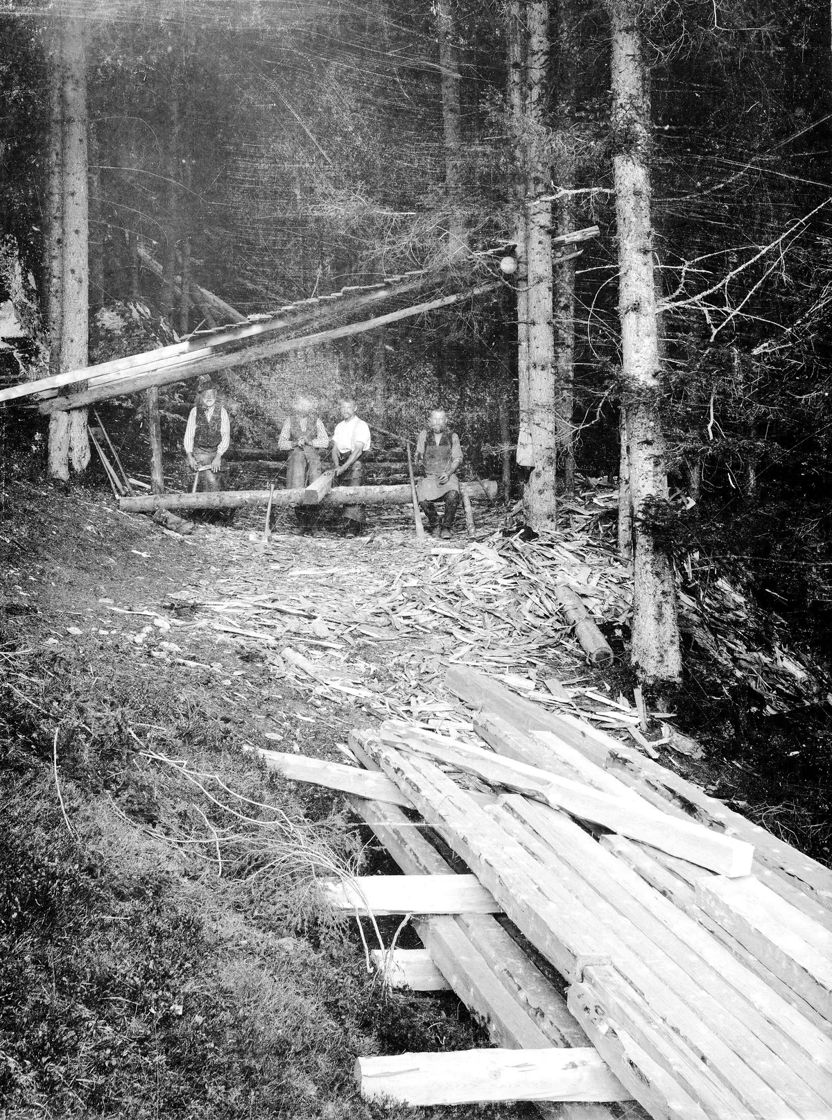 Waldarbeiter beim Behauen von Holz