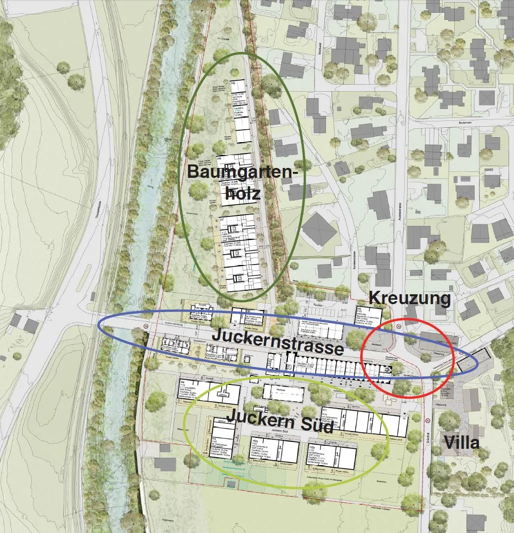 Man sieht eine Karte von Juckern mit den geplanten Überbauungen.