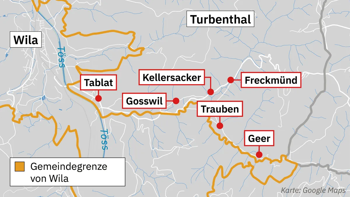 Man sieht eine Karte von Turbenthal und Wila mit eingezeichneten Weilern auf Turbenthaler Gemeindegebiet. 