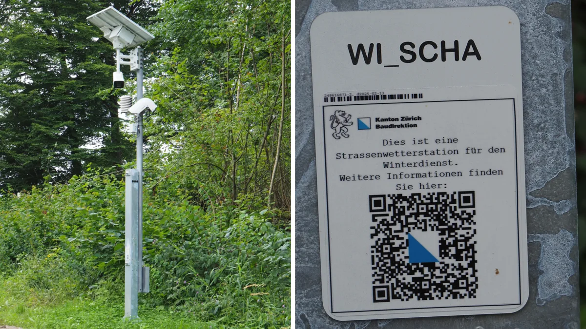 Man sieht eine Strassenwetterstation und den dazugehörigen QR-Code.