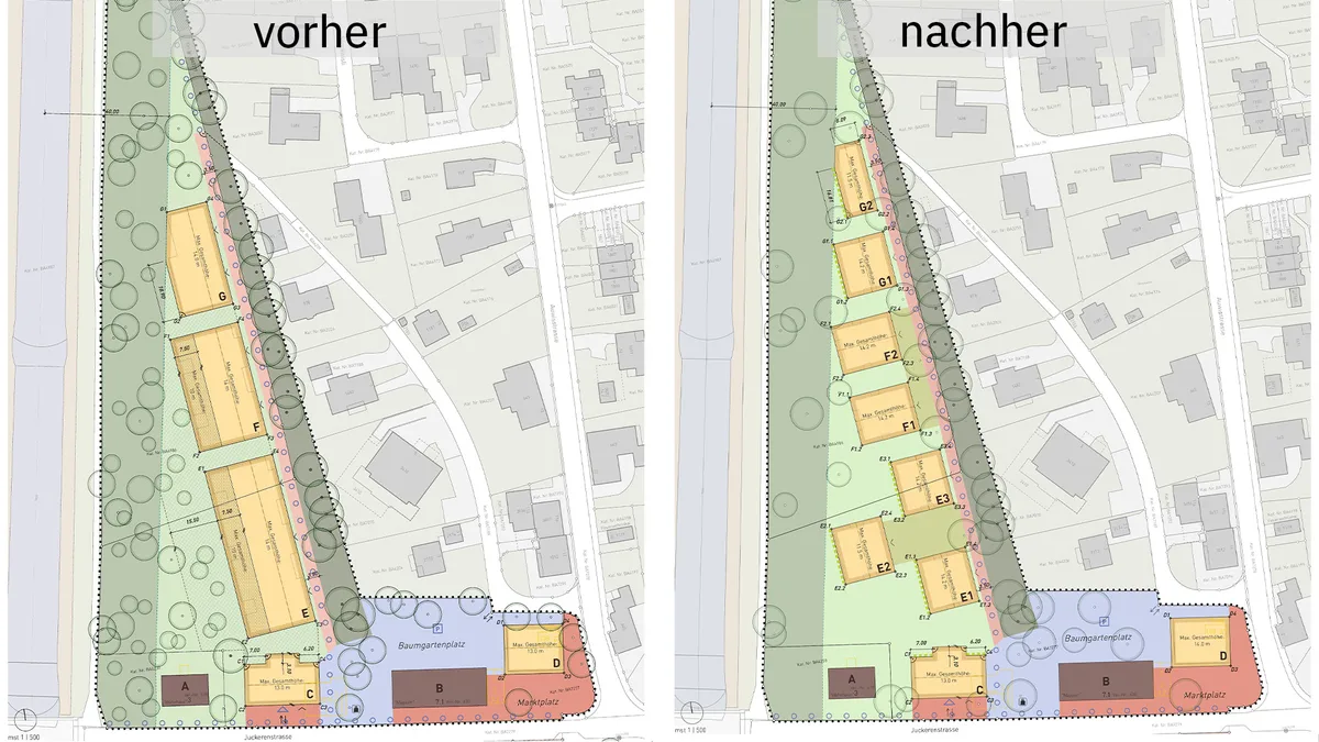 Man sieht einen Vorher/Nachher-Vergleich zweier Planskizzen.