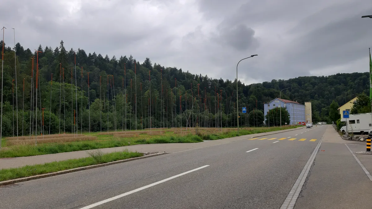 Man sieht ein freies Grundstück auf einer Wiese mit Bauvisieren darauf. Rechts daneben eine Strasse.