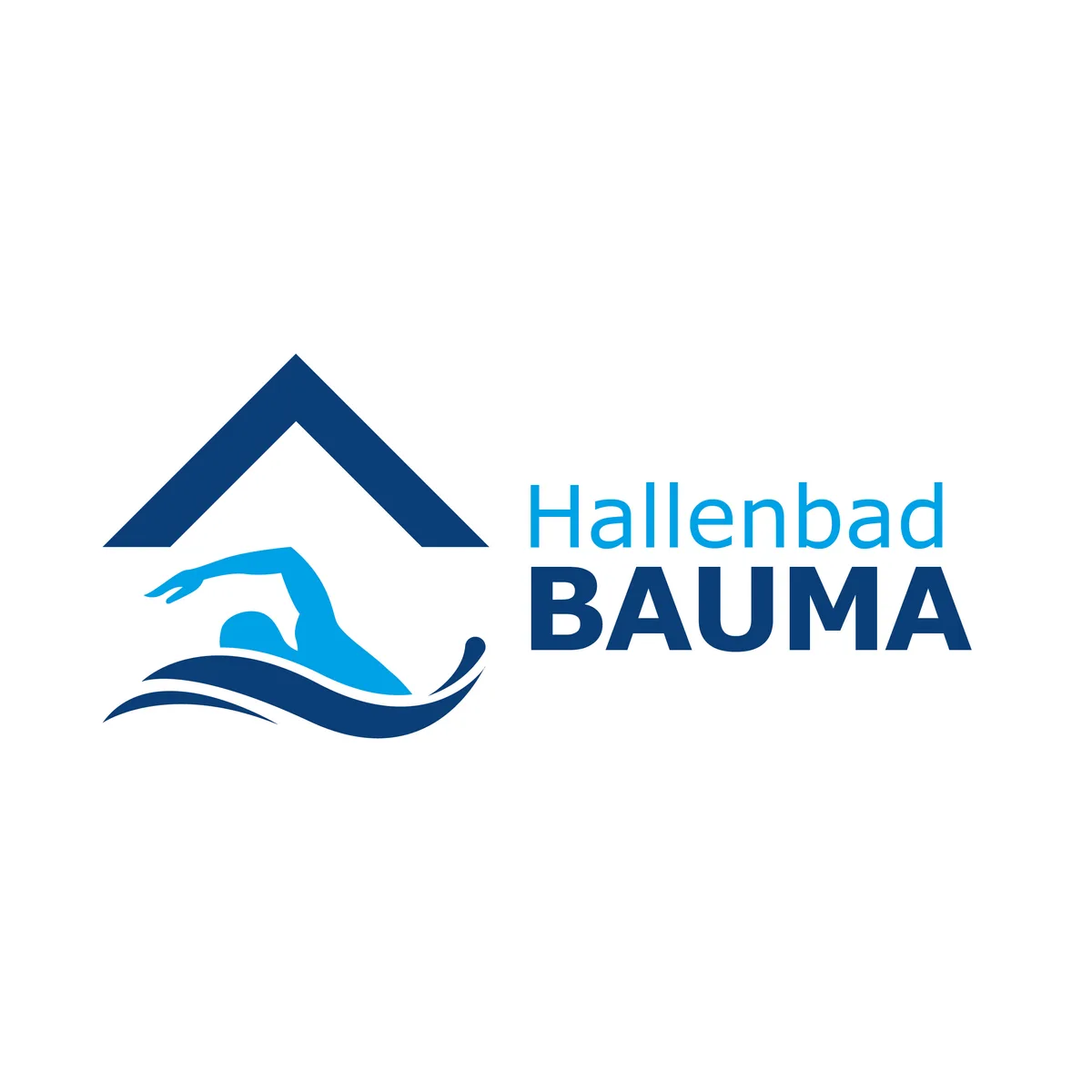 So sieht das neue Logo des Hallenbads Bauma aus. Man sieht ein blaues Logo auf weissem Grund, daneben den Schriftzug «Hallenbad Bauma».