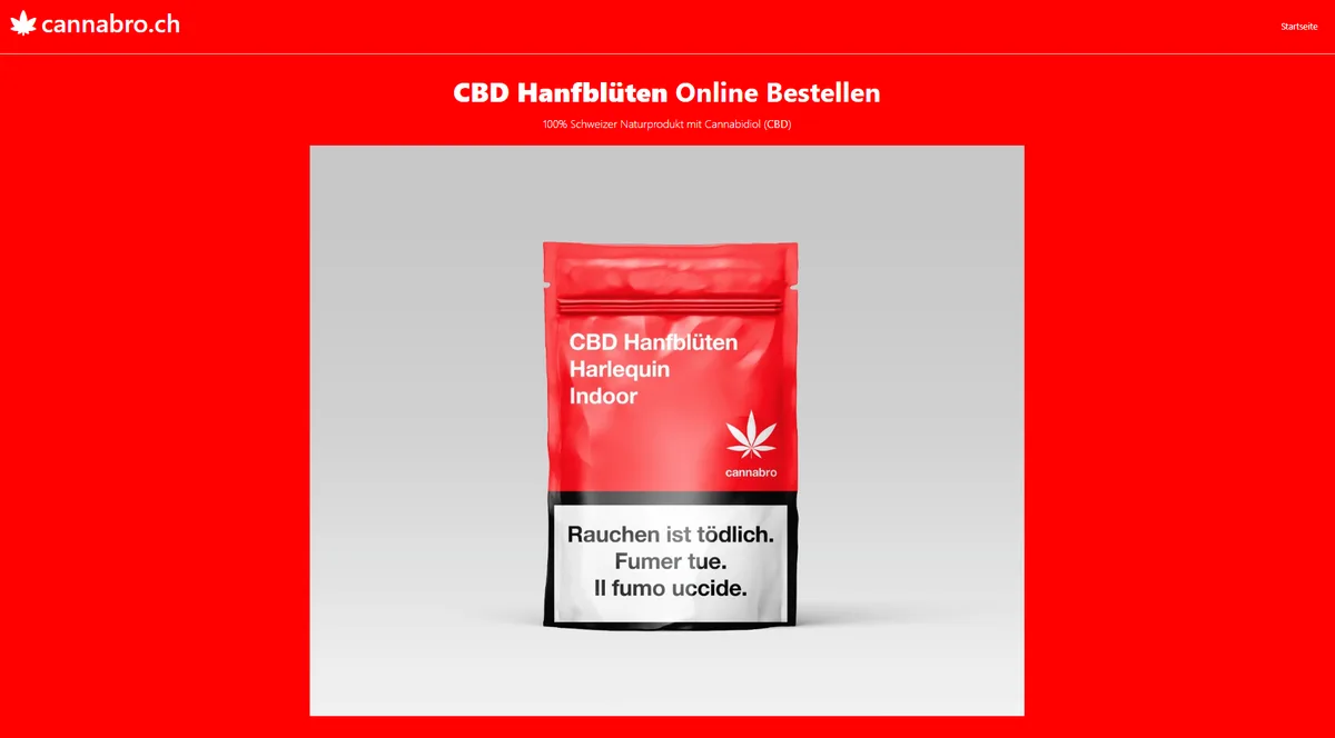 Man sieht die Webseite der Cannabro AG. Darauf ist ein Bild einer CBD-Verpackung mit der Aufschrift "Cannabro" zu sehen.