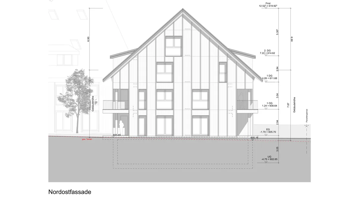 Man sieht ein Rendering von einem Mehrfamilienhaus.