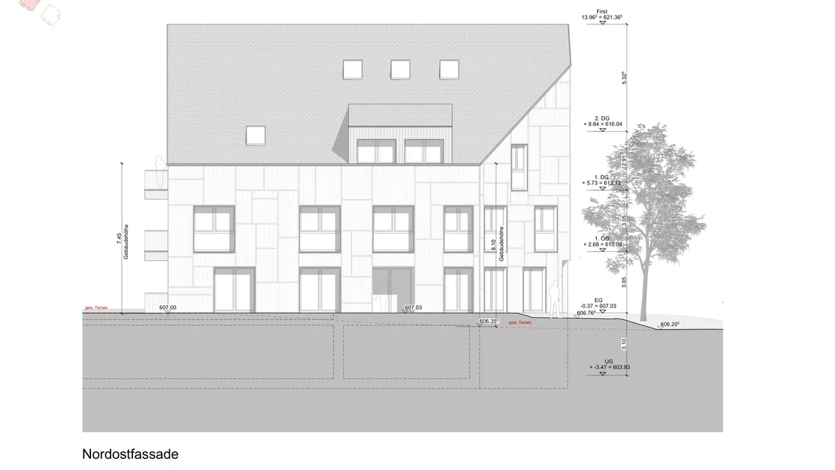 Man sieht ein Rendering von einem Mehrfamilienhaus.