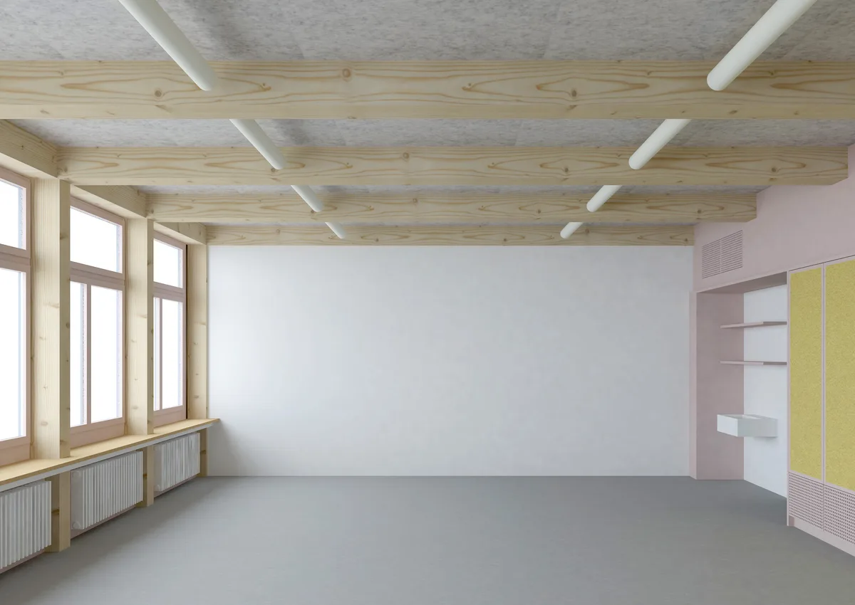 Man sieht eine realistische Animation von einem Schulgebäude von innen.