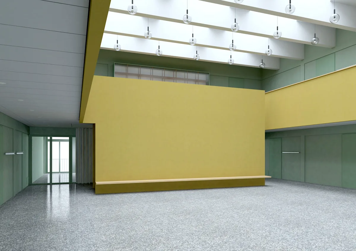 Man sieht eine realistische Animation von einem Schulgebäude von innen.