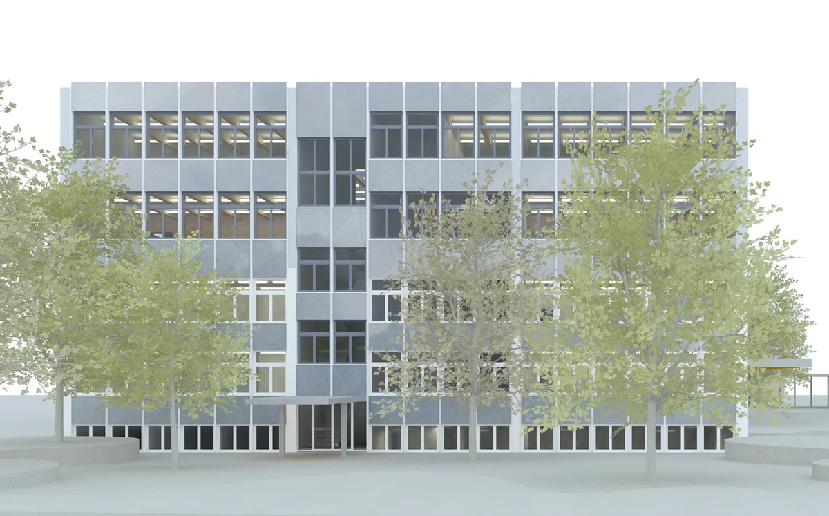 Man sieht eine realistische Animation von einem Schulgebäude von aussen.