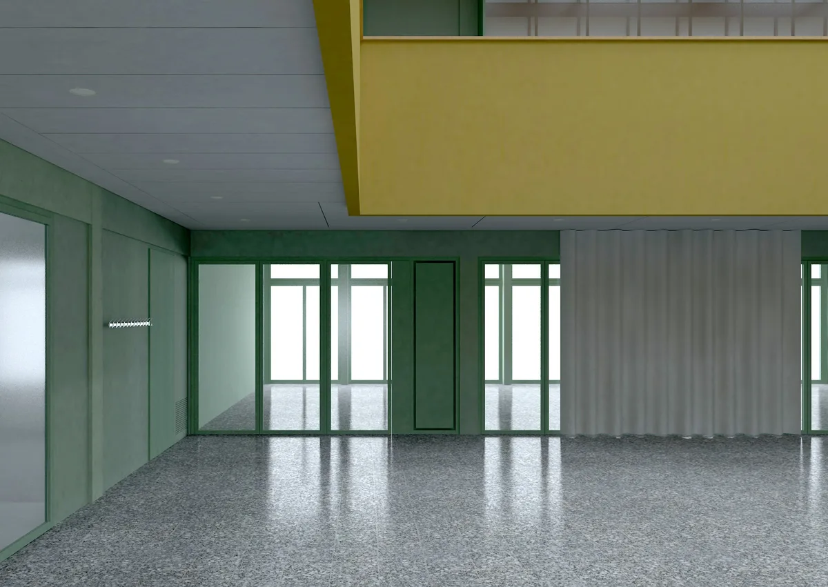 Man sieht eine realistische Animation von einem Schulgebäude von innen.