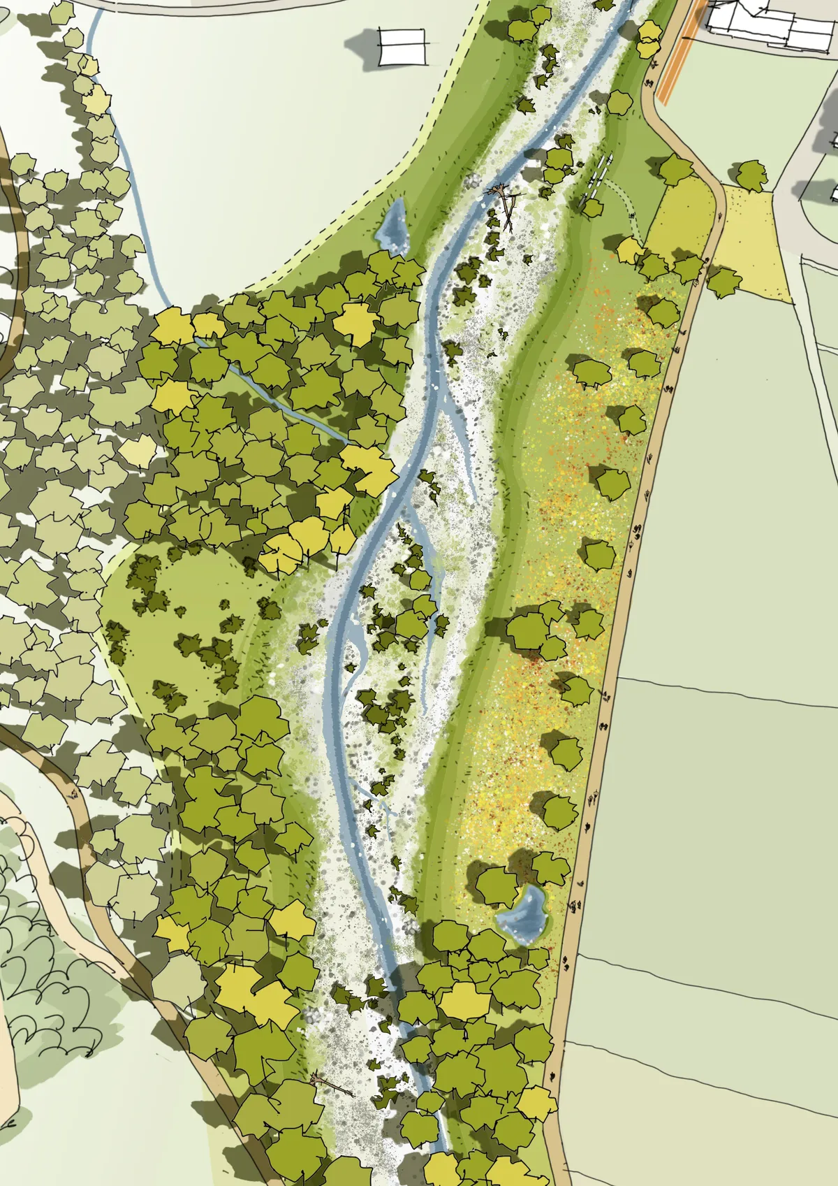 Der Flusslauf ändert sich und ist abhängig vom Wasserstand. In der Grafik: Die Niederwasserrinne. Man sieht eine Grafik, wie die Töss bei wenig Wasser nach der Revitalisierung aussehen könnte.