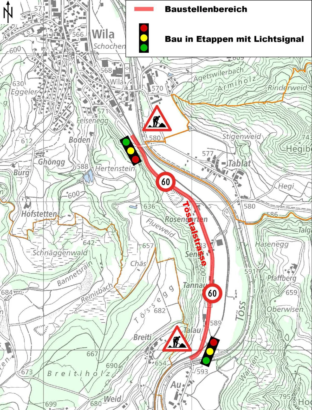 Auf diesem Abschnitt finden die Bauarbeiten statt. Man sieht einen Kartenausschnitt der Tösstalstrasse, wo der Bauabschnitt eingezeichnet ist.