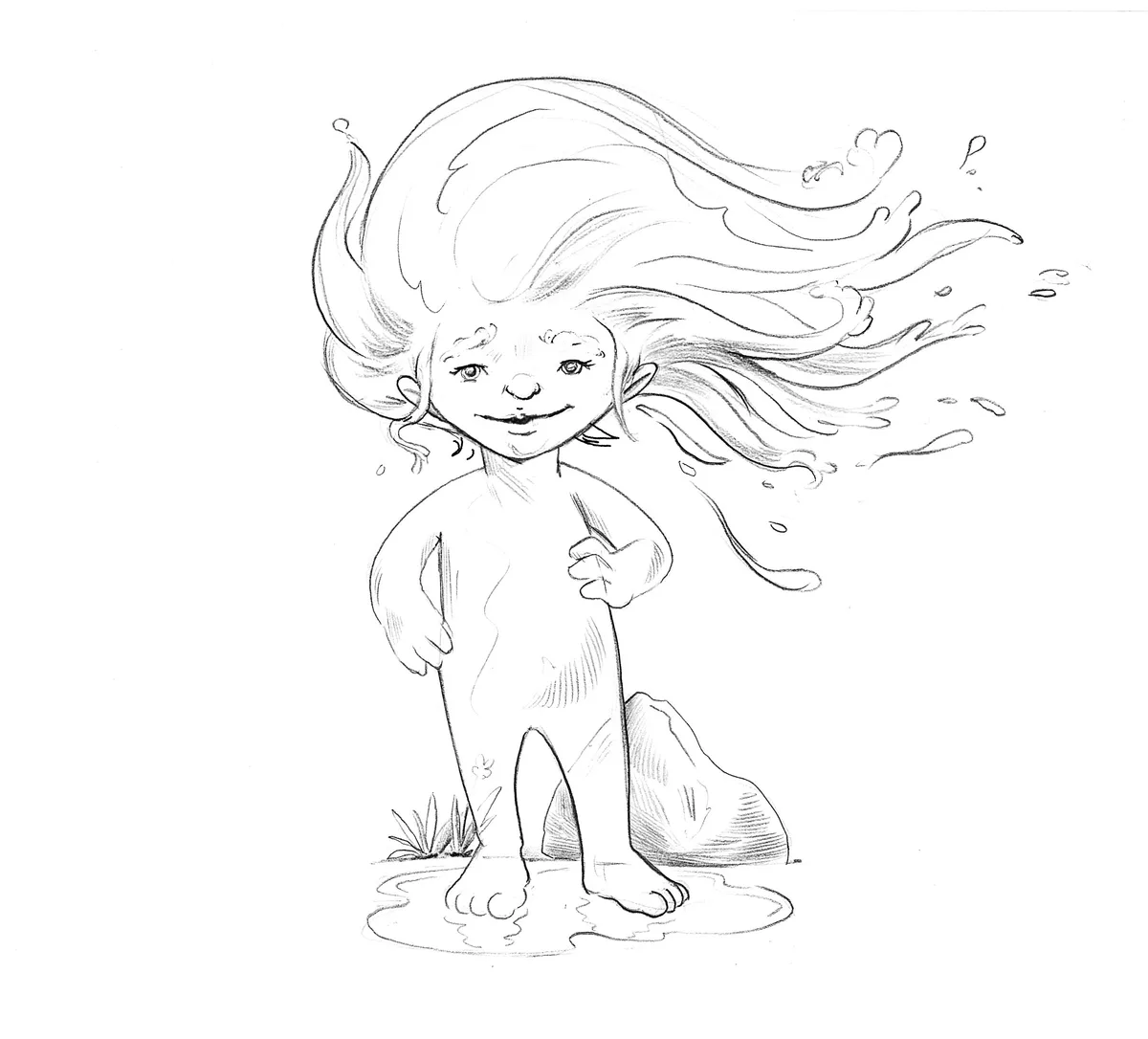 Man sieht die Skizze des Wassergeists Tossa.