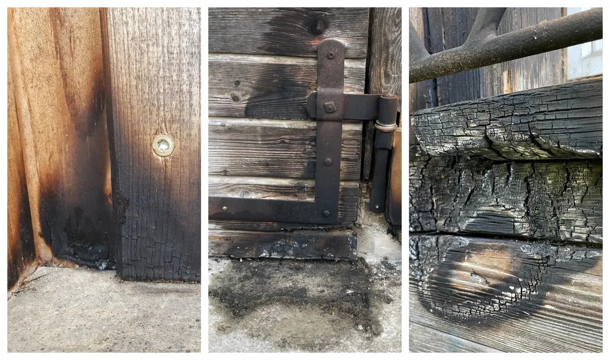 Man sieht eine Collage aus Bildern, die Brandspuren an Holzteilen von Gebäuden zeigen.