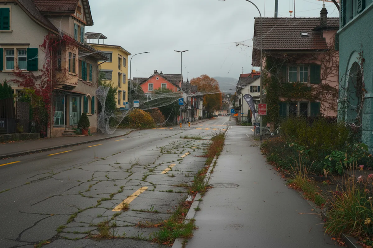 Die Bahnhofstrasse in Wetzikon hat viele Spinnweben und ist leer. Der Boden hat Löcher.
