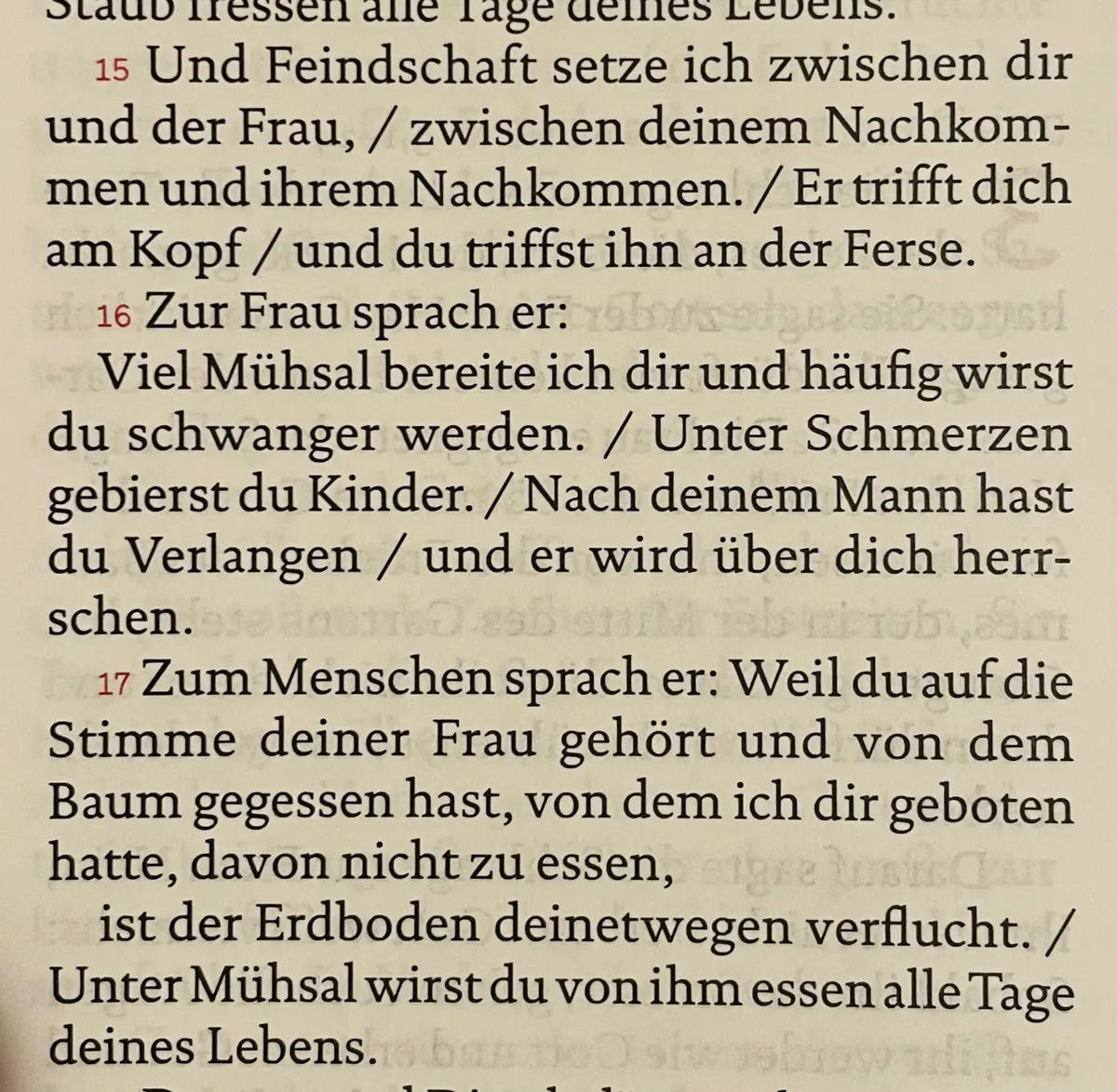 Im Buch Genesis 3,16 macht Gott deutlich, dass die Frau ein Leben voller Leid führen wird. Danke dafür, Schöpfer. Eine Passage aus der Bibel dem Buch Genesis.