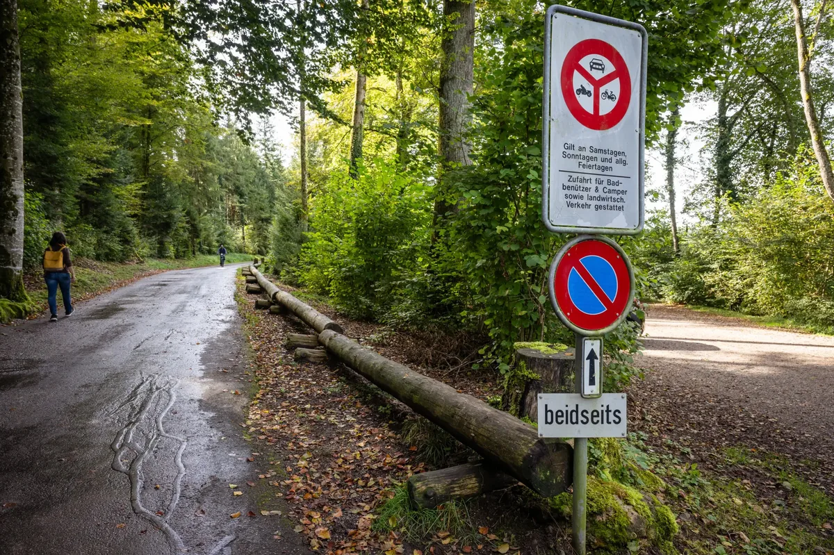 Man sieht ein Schild in einem Wald.