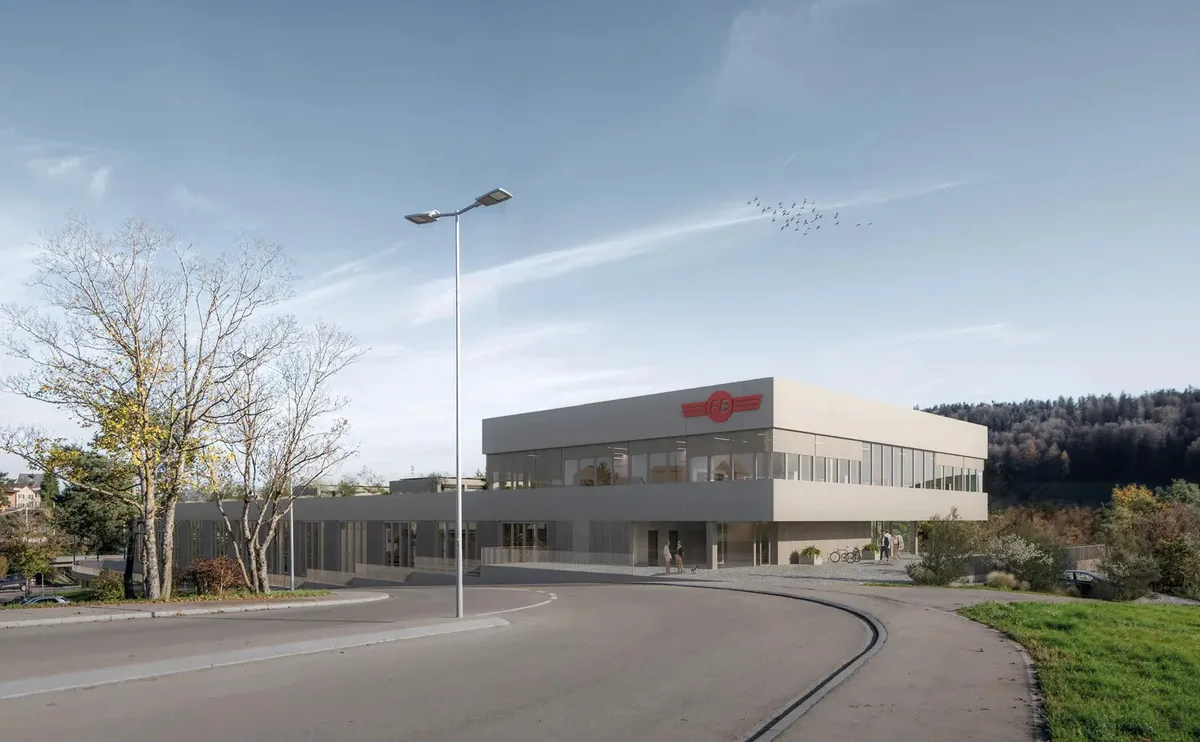 So wird das Instandhaltungszentrum der Forchbahn einst aussehen. Es soll nicht höher als die Gebäude der Umgebung werden. Visualisierung eines Gebäudes.