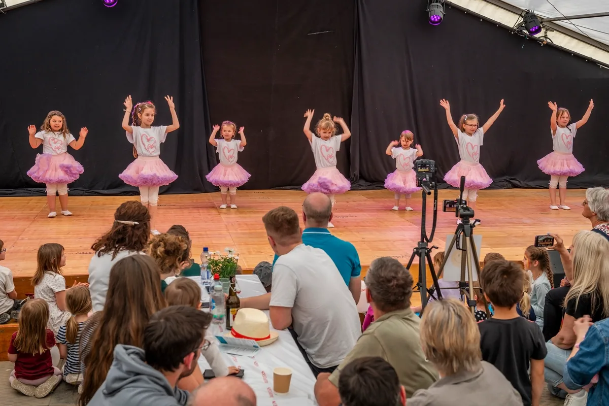 Mehrere Kinder einer Tanzgruppe auf der Bühne. 