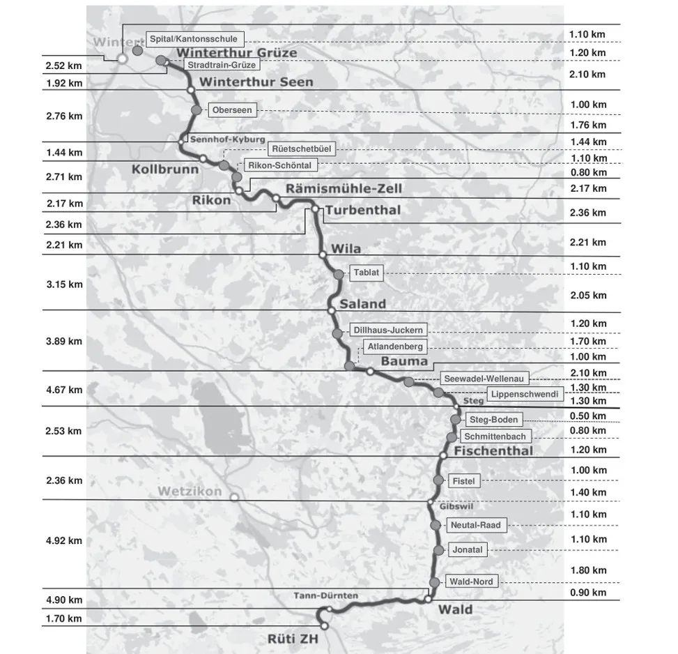 Man sieht einen Plan einer Bahnlinie.