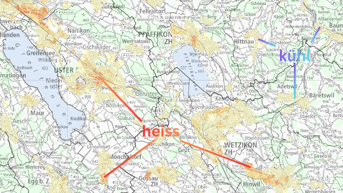 noneNicht überall im Oberland ist es gleich heiss: Besonders von Hitze betroffen sind grössere Ortschaften oder stark versiegelte Flächen. Ein Kartenausschnitt aus dem GIS ZH.