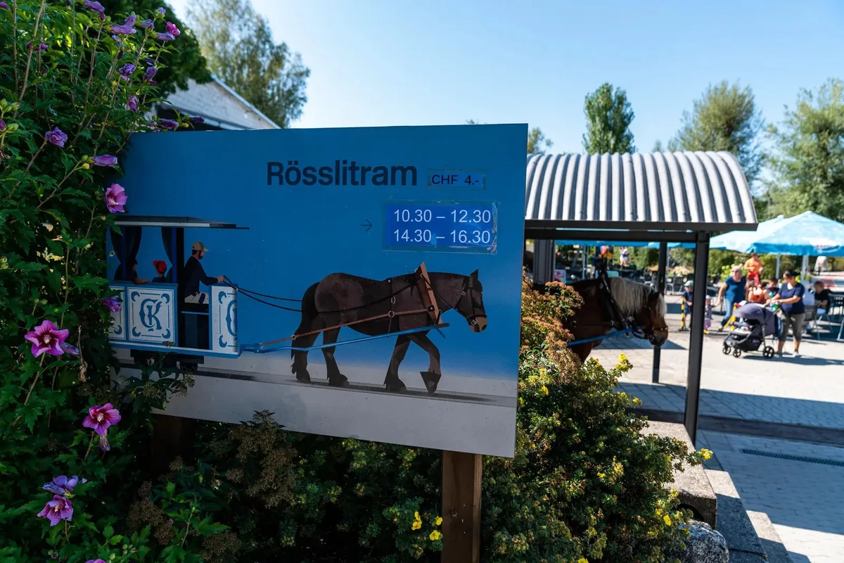 Werbetafel für das Rösslitram des Kinderzoos.