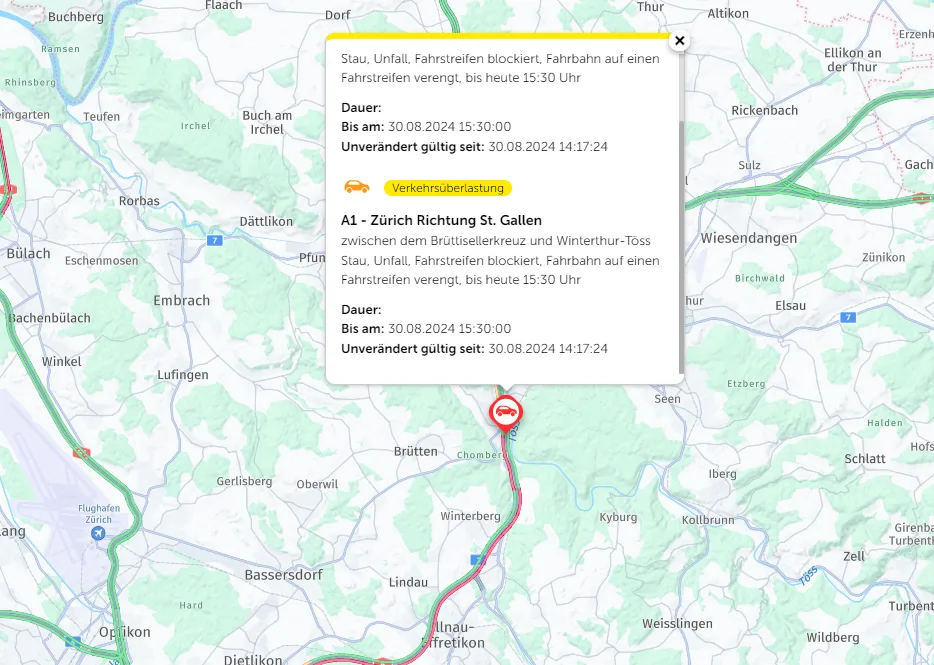 Laut dem TCS wird die Räumung der Unfallstelle noch bist mindesten 15.30 Uhr andauern. Staugrafik