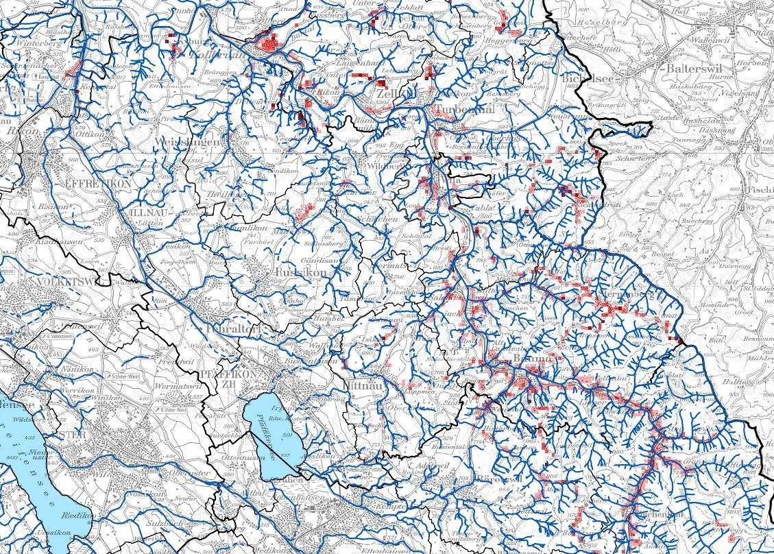 Ausschnitt von Risikokarte Naturgefahren Massenbewegungen mit Muren, Rutschungen und Steinschlag Ausschnitt Tösstal Stand 11.6.2023