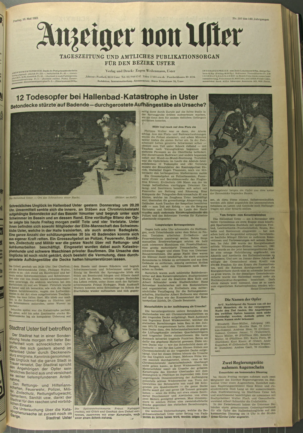 Der Schock sitzt tief: Titelseite des «Anzeigers von Uster» am Morgen nach der Katastrophe (10. Mai 1985). Die Titelseite des «Anzeigers von Uster» vom 10. Mai 1985 mit der Berichterstattung über das Hallenbadunglück.