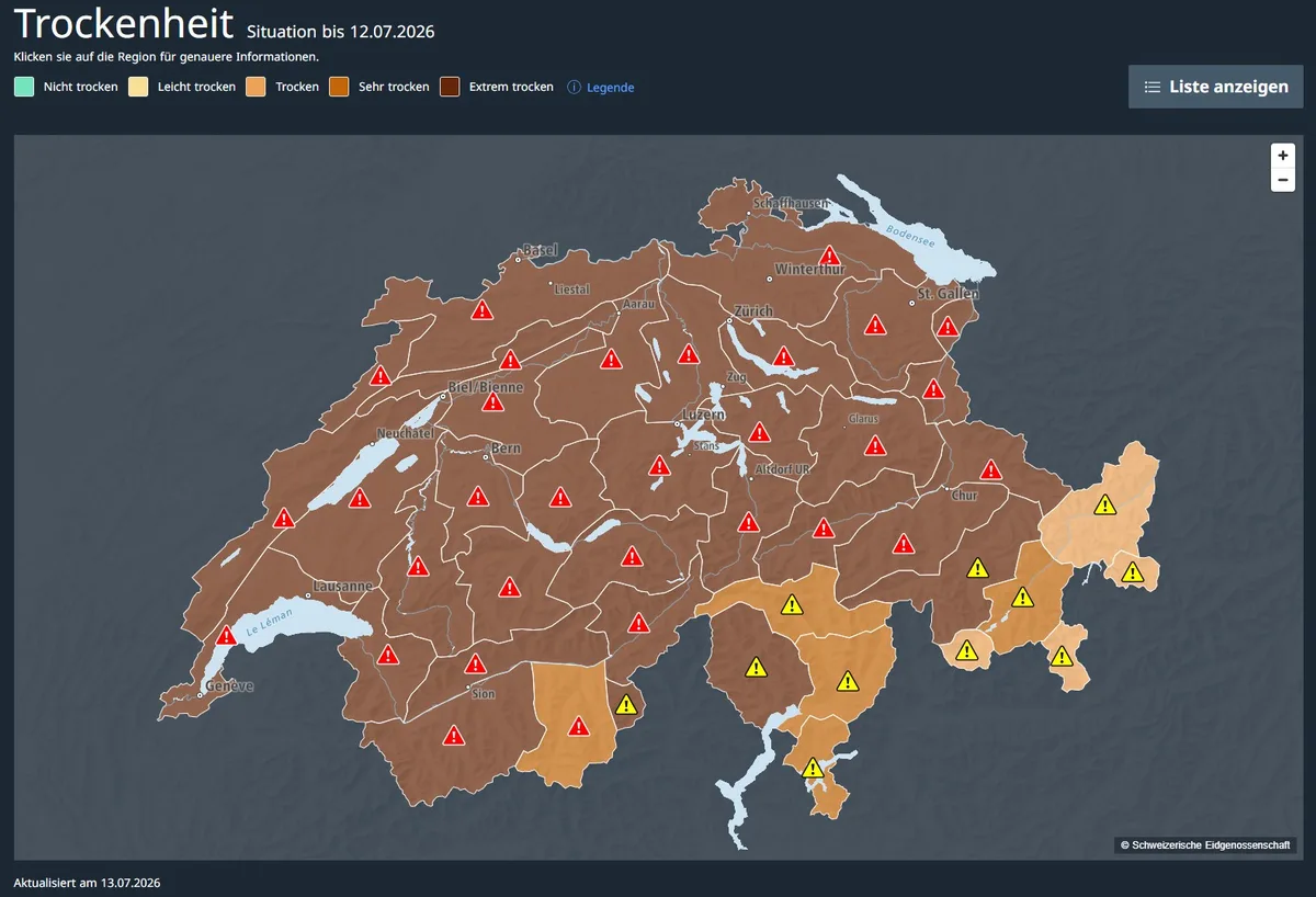 Trockener gehts kaum: In der ganzen Schweiz hat es viel zu wenig geregnet. Karte der Schweiz zur Trockenheit im Juli 2026.