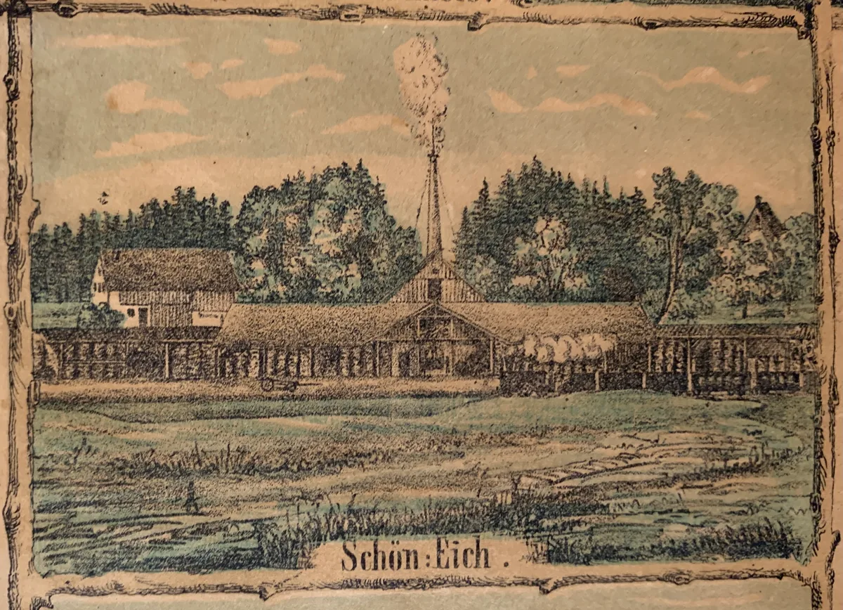 Dokumente zum Kohleabbau in der Schöneich in Wetzikon, insbesondere zu den Versuchsbohrungen von 1942, liegen alle im Ortsarchiv Wetzikon; Illustration des Bergwerks auf einer Lithografie (Ausschnitt) von Mitte 1860er Jahre