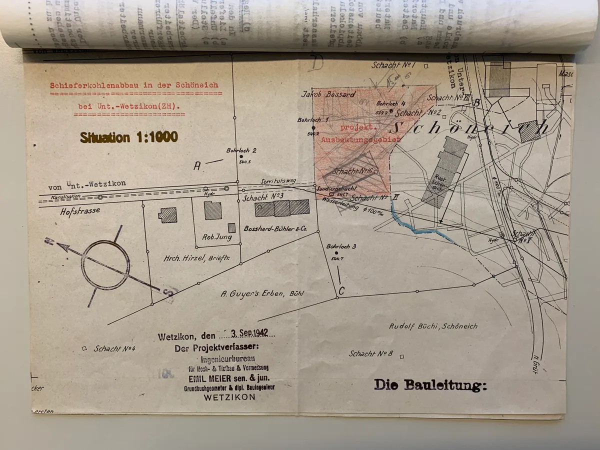 Dokumente zum Kohleabbau in der Schöneich in Wetzikon, insbesondere zu den Versuchsbohrungen von 1942, liegen alle im Ortsarchiv Wetzikon
