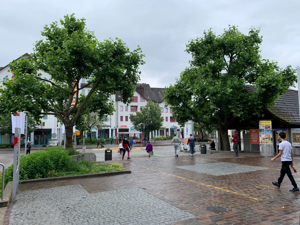 Oberland Märt Migros Wetzikon am 14. Juli 2021, Eingangsbereich mit vier Platanen und dem Buswartehäuschen. Drei der vier Bäume sollen für die Neugestaltung des Platzes weg.