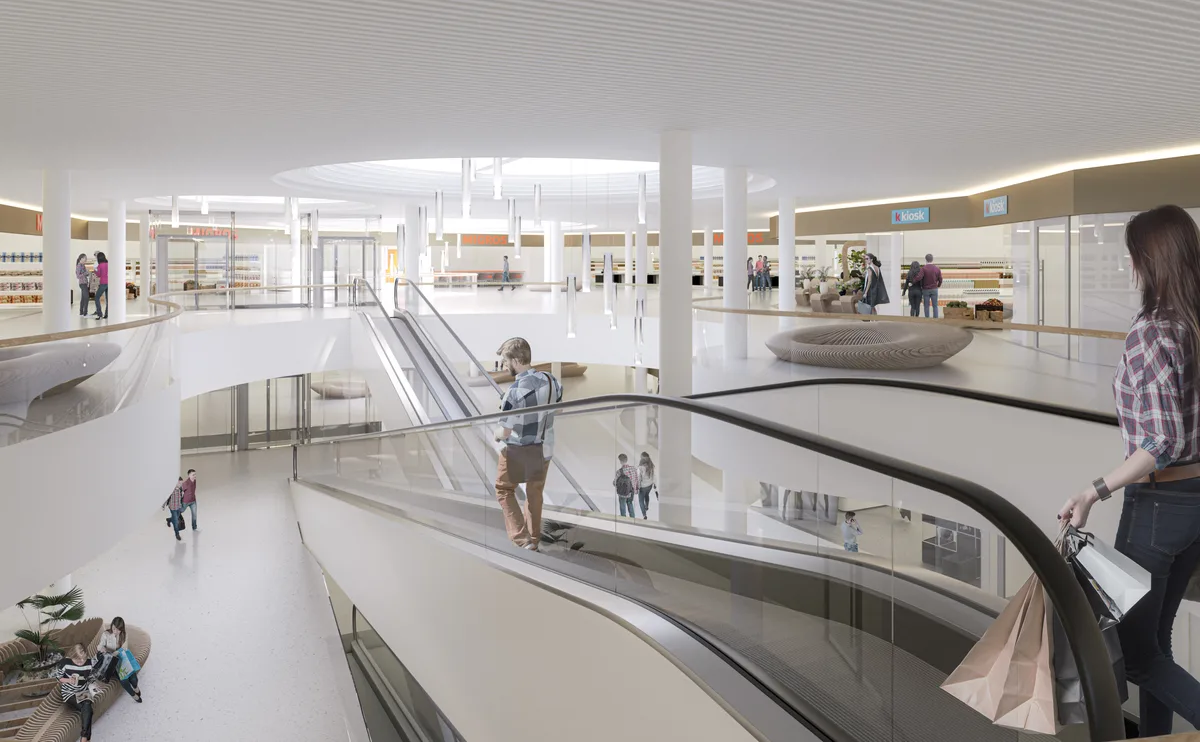 Bis zur Fertigstellung werden die Geschäfter im Provisorium auf der Färberwiese offen sein. Visualisierung des neuen Oberland Märts
