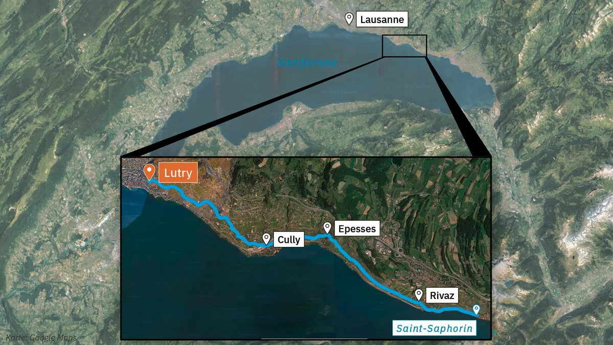 Wanderkarte von Saint Saphorine nach Lutry. Man sieht eine Wanderkarte von Saint Saphorine nach Lutry.