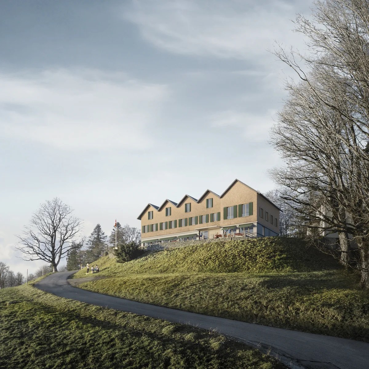 Visualisierung, Stand Januar 2023, des Bauprojektes Bachtel-Kulm 2025 mit Aussenansicht des Restaurants.