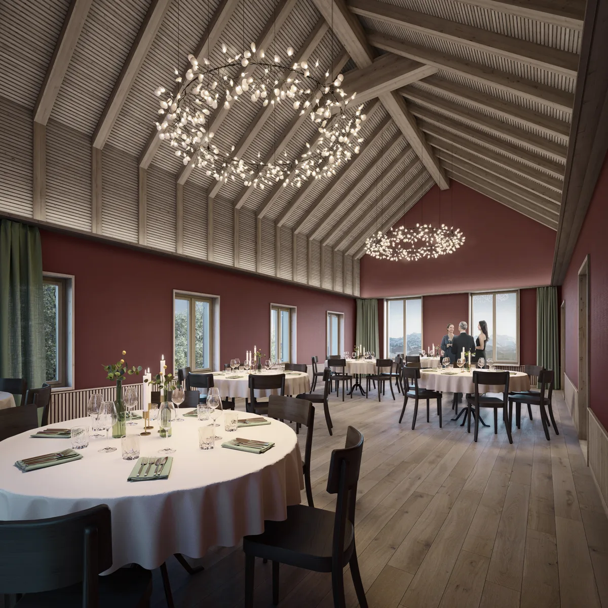 Visualisierung eines Saals mit gedeckten Tischen.