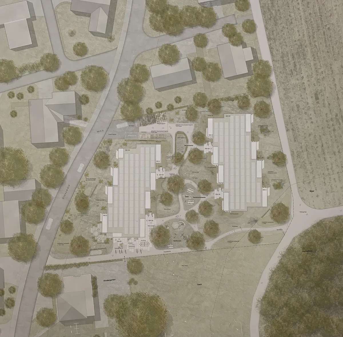 Modell Visualisierung Plan des Siegerprojekts im Architekturwettbewerb der Wohn- und Siedlungsgenossenschaft Zürich (wsgz) für Generationenwohnen im Ortsteil Sack von Seegräben im Dezember 2022