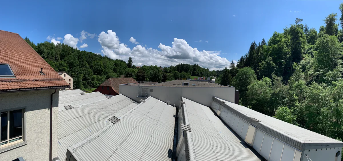 Blick auf das Sheddach der ehemaligen Spinnerei Aathal von Streiff.