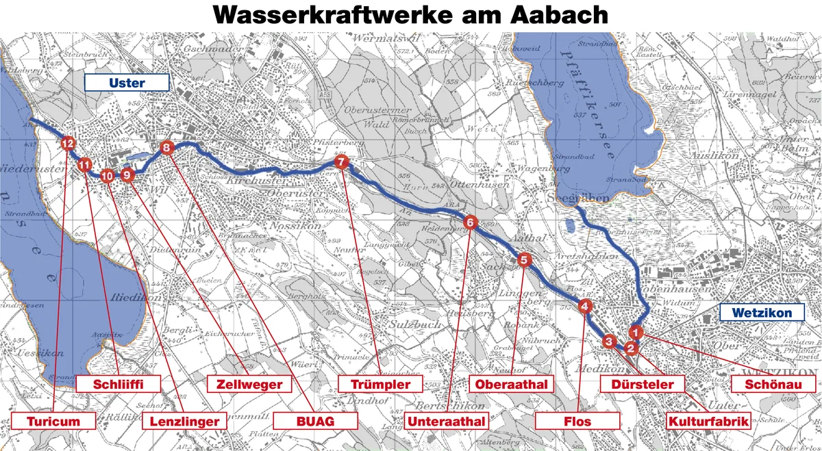 Die Karte zeigt die Standorte der zwölf Kleinwasserkraftwerke entlang dem Aabach in den Gemeinden Uster, Seegräben und Wetzikon.