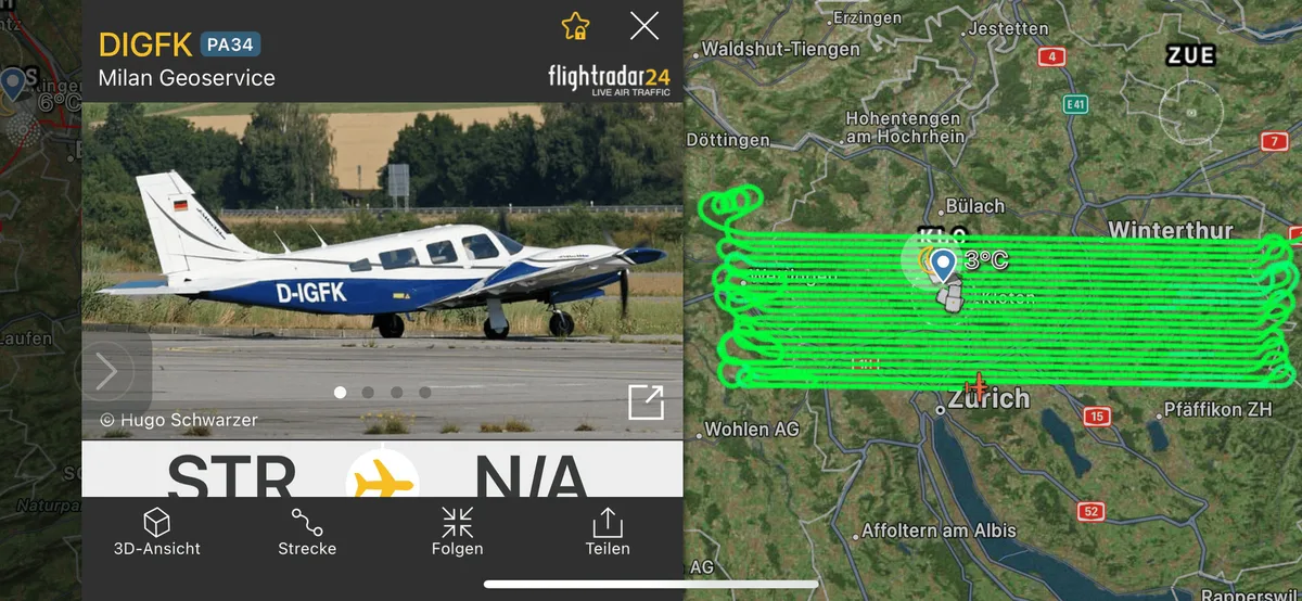 Wer im nördlichen Teil der Stadt Zürich wohnt, konnte diese Piper mit Messinstrumenten an Bord gut hören. Sie führte einen Messflug durch im Auftrag des Bundesamtes für Landestopografie. Wer im nördlichen Teil der Stadt Zürich wohnt, konnte diese Piper mit Messinstrumenten an Bord gut hören. Sie führte einen Messflug durch im Auftrag des Bundesamtes für Landestopografie.