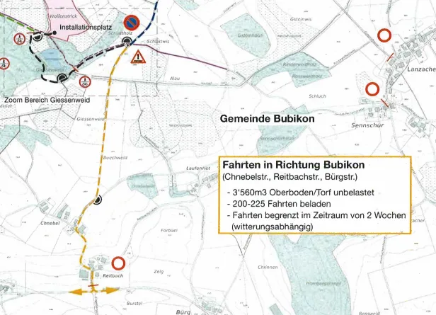 Die Chnebelstrasse wird wegen Lastwagenfahrten zum Flachmoor über zwei Wochen gesperrt. Eine Karte der Verkehrseinschränkung der Chnebelstrasse.