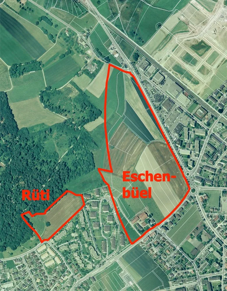 Luftbild, auf dem zwei Gebiete mit Eschenbüel und Rüti eingezeichnet sind.