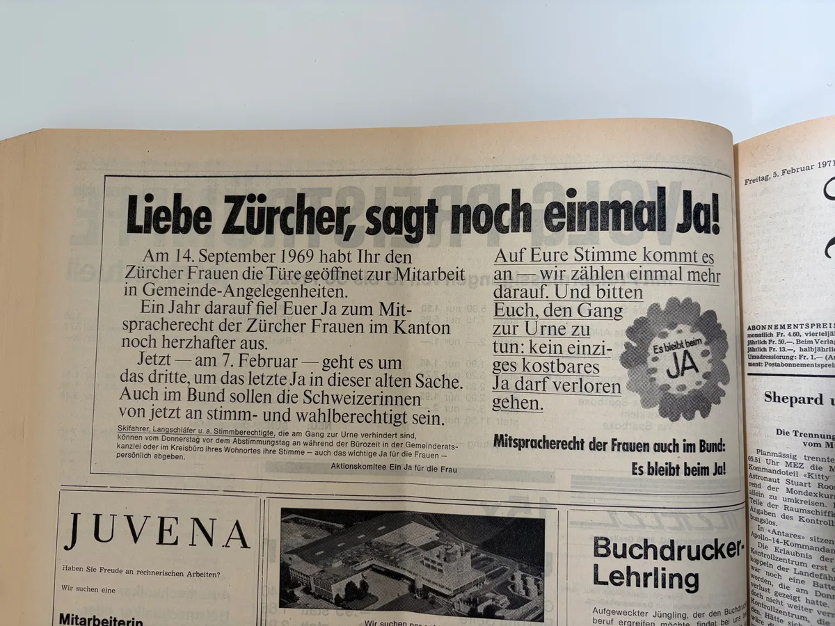 Ein überparteiliches Komitee wirbt im «Anzeiger von Uster» am 4. Februar 1971 für ein Ja zur Einführung des Frauenstimmrechts auf eidgenössischer Ebene. 