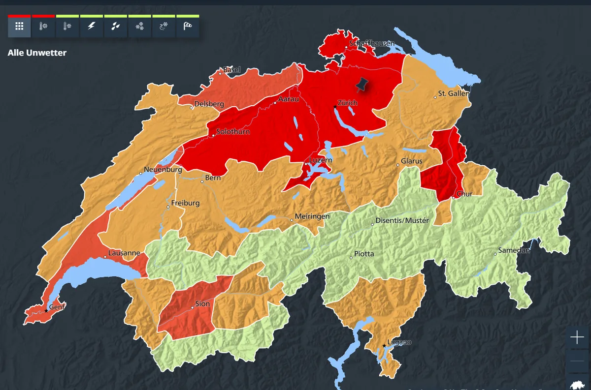 Die Karte von Meteo Schweiz zeigt: In der Region Zürich, so auch im Oberland, bleibt es heiss. Die Karte von Meteo Schweiz zeigt: In der Region Zürich, so auch im Oberland, bleibt es heiss.