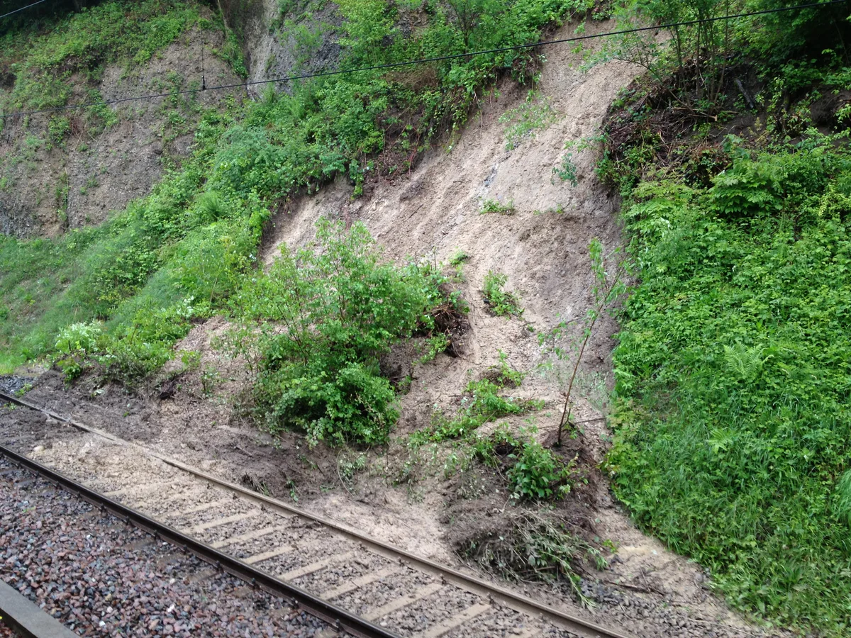 Dreck auf einem Bahngleis.